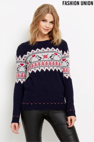 Fashion Union Kissing Penguin Novelty Jumper